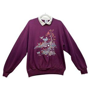 Vintage Whim Z Womens Sweatshirt Bird Bath Scene Large Maroon Purplish